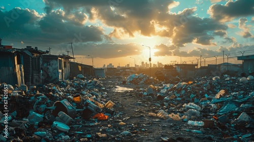 Polluted city with garbage on the streets at sunset under cloudy sky