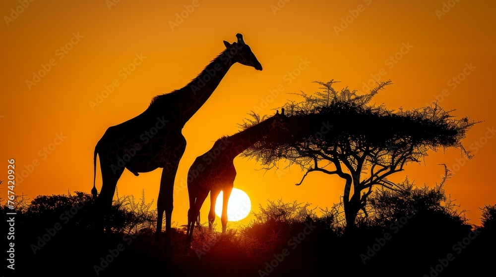 a couple of giraffe standing next to each other in a field at sundown in the distance with trees in the foreground. a couple of giraffe standing next to each other in a field at sundown in the distance with trees in the foreground.