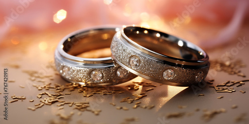 Two wedding rings placed on a wooden table surface. photo