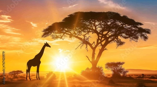  a giraffe standing in front of a tree with the sun setting in the background and a giraffe in the foreground.