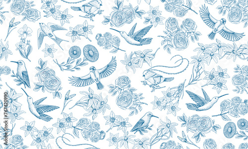 Toile De Jouy banner. Wild bird and exotic plants. Seamless pattern. Eastern landscape. Linear Flowers and roses. Hand drawn sketch in vintage style.