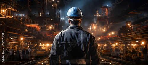 male worker in a protective helmet and overalls works in production. industrial industry photo