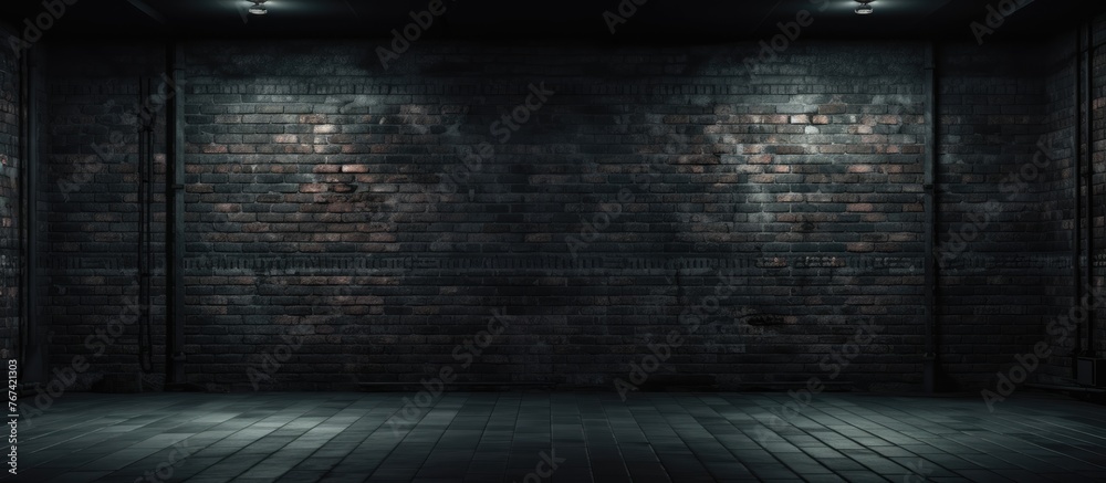A dimly lit room featuring a dark brick wall with spotlights casting dramatic illumination - obrazy, fototapety, plakaty 