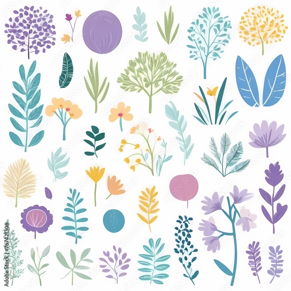 A collection of seamless pattern, colorful abstract plants and flowers. Hand drawn Collection of leaves and flowers. A close up of a pattern of flowers and leaves.
