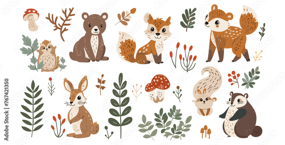 野生の森の動物たち。クマ、リスとシカ、ビーバーとノウサギ、キツツキとキノコ、モミの木と白樺、ベリー。かわいい赤ちゃんの森の動物のベクトルを設定