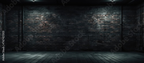 A dimly lit room featuring a dark brick wall with spotlights casting dramatic illumination