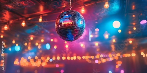 A disco ball hanging from the ceiling of a nightclub reflecting colorful lights creating a vibrant atmosphere. Concept Nightclub, Disco Ball, Colorful Lights, Vibrant Atmosphere, Party Mood