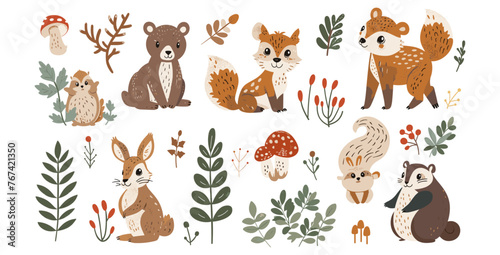 Fototapeta Naklejka Na Ścianę i Meble -  野生の森の動物たち。クマ、リスとシカ、ビーバーとノウサギ、キツツキとキノコ、モミの木と白樺、ベリー。かわいい赤ちゃんの森の動物のベクトルを設定