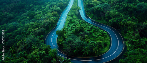 aerial shot, winding road in the forest