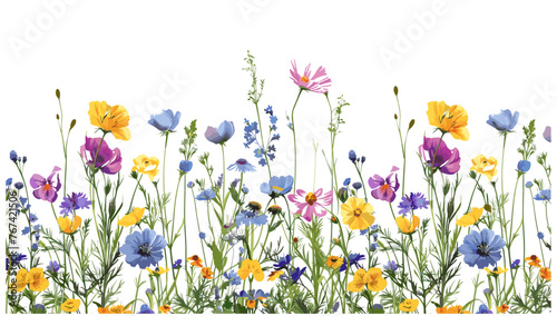 春の花の境界線。シームレスに咲くカラフルな野生の花の水平方向のフレームの境界線。自然の草原の新鮮な花や植物、植物の花のベクトル図 © aura