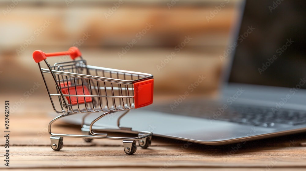 Online shopping Internet shopping concept, empty miniature shopping cart standing in front of laptop, copy space.