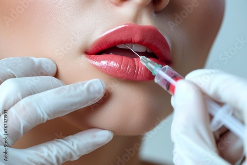Woman Receiving Lip Injection: Cosmetic Treatment Process photo
