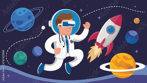 Virtual reality concept: a person in space next to planets and a rocket, with a character wearing VR glasses as a metaphor for innovation and modern technology, suitable for gaming or learning. Illust