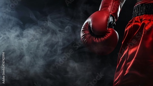 Boxing, close up of a man in red shorts and red boxing glove preparing for battle competition on dark background with copy space.
