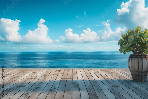 Wooden deck overlooking tranquil ocean photo