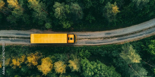 Aerial view of yellow heavy truck on a narrow twisting road through forest  area.