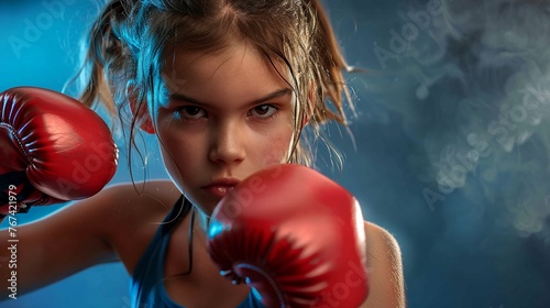 Young female teenage girl boxer preparing to punch, sweaty and focus, large red boxing gloves, attaching posing, concept of will win, power of spirit.