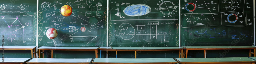 A classroom filled with numerous desks covered in chalk dust. The surfaces are marked with writings and diagrams, indicating active learning and teaching