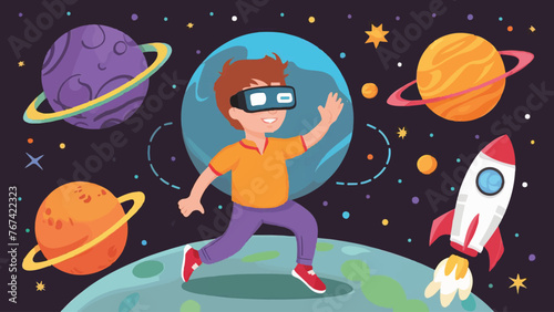 Fototapeta Naklejka Na Ścianę i Meble -  Virtual reality concept: a person in space next to planets and a rocket, with a character wearing VR glasses as a metaphor for innovation and modern technology, suitable for gaming or learning. Illust