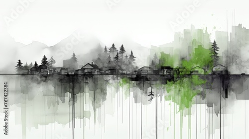An impressionist watercolor illustration depicting signs of spring in a minimalist cityscape