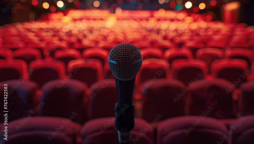 A microphone on the stage of an auditorium, with blurred people in seats and rows behind it, representing public speaking or comedy shows Generative AI - obrazy, fototapety, plakaty 