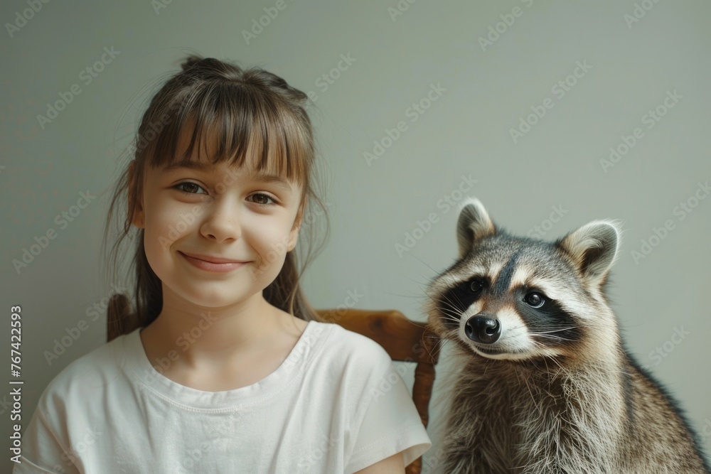 child girl with raccoon. Banner with pastel background. Zoo advertising. To love animals child girl with raccoon. Banner with pastel background. Zoo advertising. To love animals