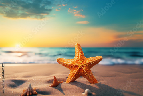 Starfish on beach with sunset background