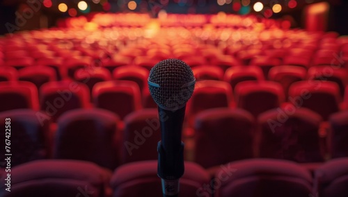 A microphone on the stage of an auditorium, with blurred people in seats and rows behind it, representing public speaking or comedy shows Generative AI photo