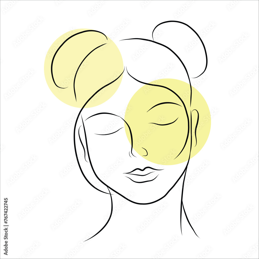 Woman face line art in pastel yellow shades. Minimalistic style. Vector hand drawn beauty fashion illustration for poster, logo, cosmetics or makeup design and t-shirt prints. Woman face line art in pastel yellow shades. Minimalistic style. Vector hand drawn beauty fashion illustration for poster, logo, cosmetics or makeup design and t-shirt prints.