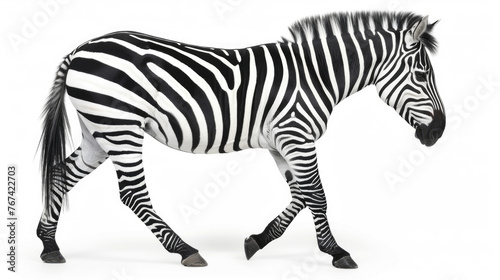 A zebra is strolling across a plain white background