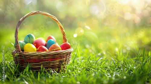 A basket filled with colorful eggs is placed on top of a vibrant, green field