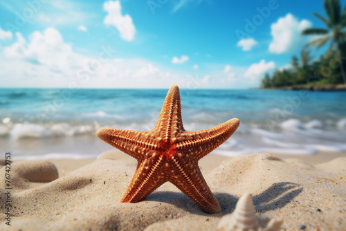 Starfish on sandy beach with ocean background