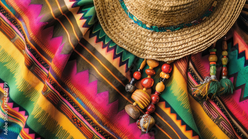 A straw hat rests casually on a vibrant and colorful blanket  creating a contrast of textures and colors
