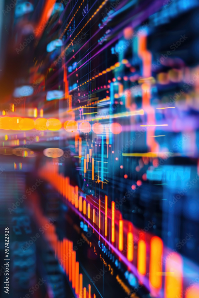 A vibrant, blurred close-up showcasing glowing financial graphs and data analysis, representing active stock market trading
