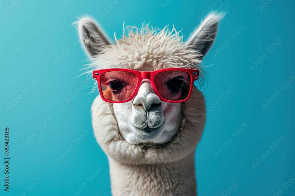 White alpaca with red sunglasses on a blue background