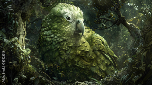 A green parrot is sitting in a tree © jr-art
