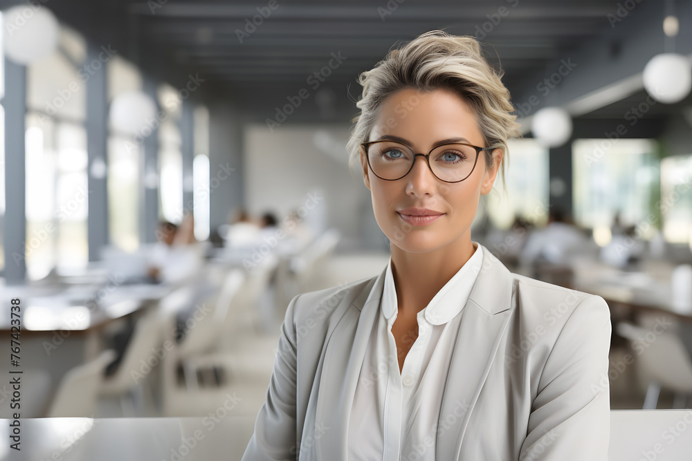 Fototapeta premium successful businesswoman in a business suit stands in the office. leader in the team.