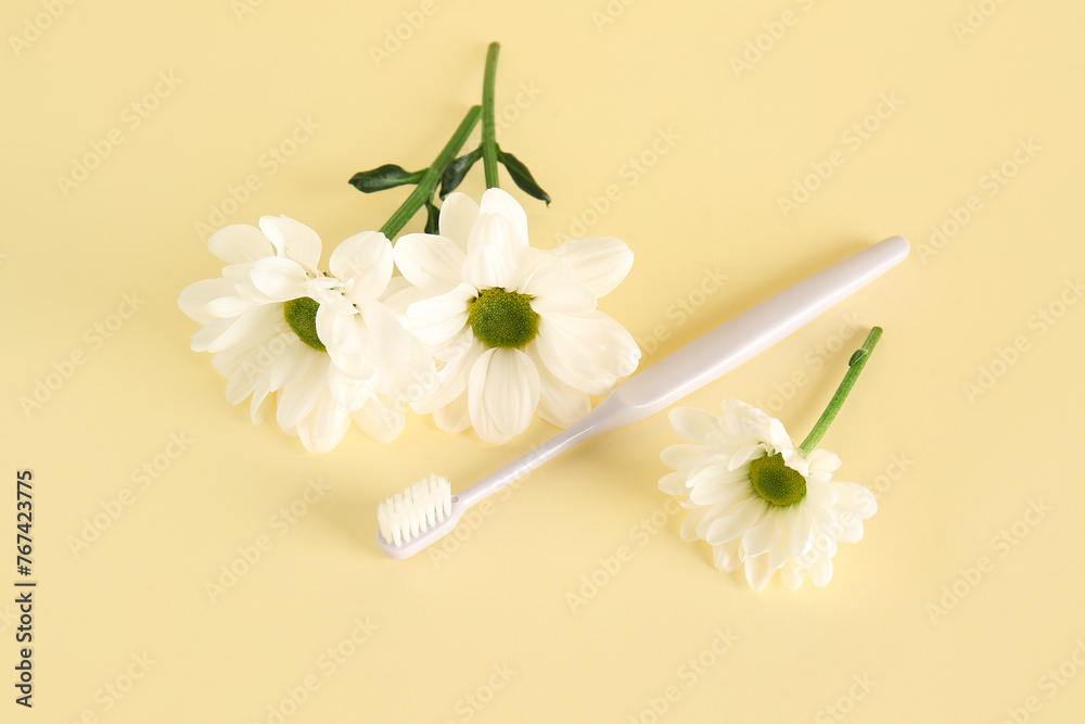 Toothbrush and beautiful chamomile flowers on color background Toothbrush and beautiful chamomile flowers on color background