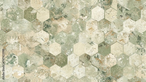  a grungy wall with a pattern of hexagonal tiles in green and beige colors with a faded edge.