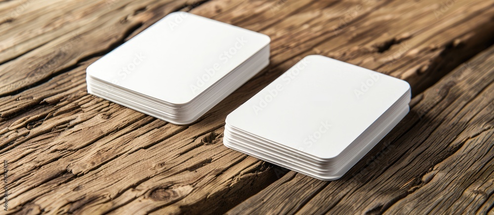 Fototapeta premium designing identities, creating corporate templates, defining company style, displaying blank business cards with rounded edges on a wooden backdrop