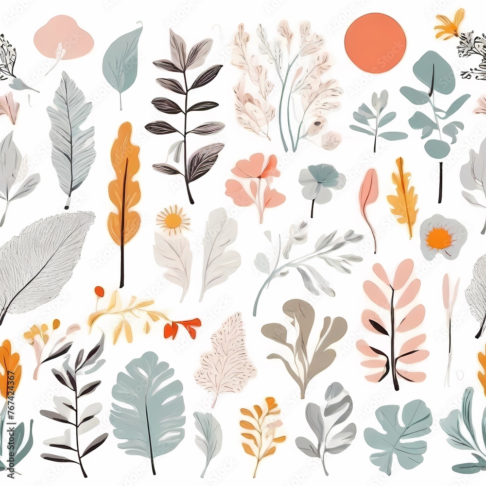 A collection of seamless pattern, colorful abstract plants and flowers. Hand drawn Collection of leaves and flowers. A close up of a pattern of flowers and leaves.
A collection of seamless pattern, colorful abstract plants and flowers. Hand drawn Collection of leaves and flowers. A close up of a pattern of flowers and leaves.
