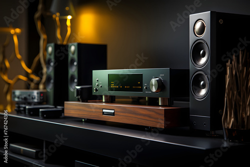 modern stereo audio speakers and amplifiers for listening to music. wideband sound system. professional audio frequency sound