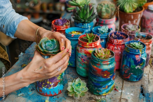 Female hands planting flower plants in painted and decorated pots, home gardening, eco-friendly concept 