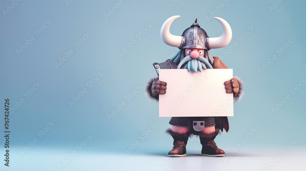 Viking segurando um cartaz em branco isolado no fundo azul claro - obrazy, fototapety, plakaty 