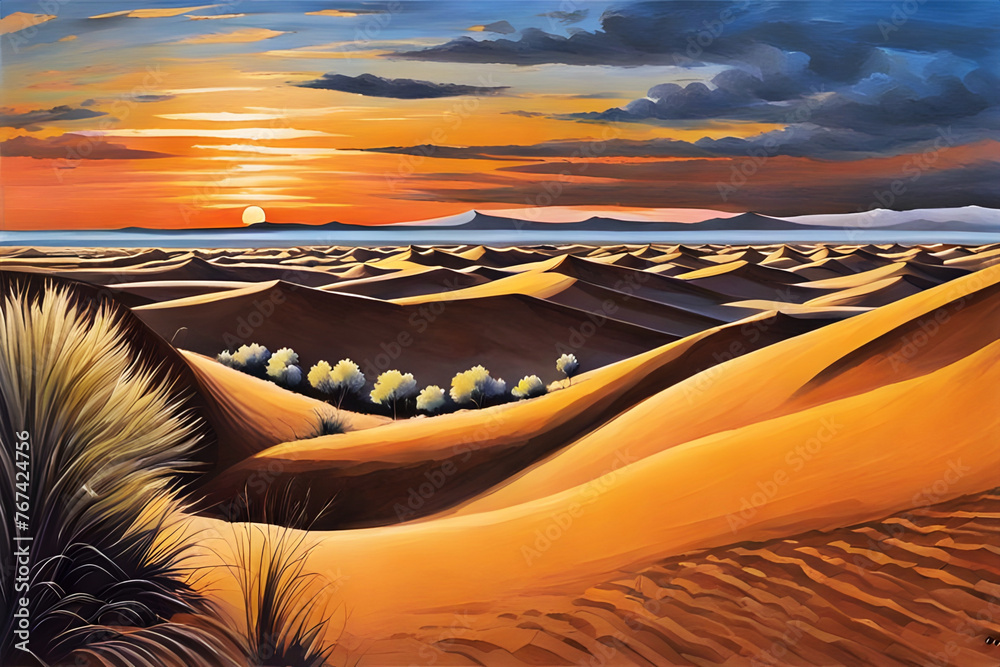 beautiful landscape watercolor painting of a desert with rolling sand dunes with shrubs and bushes at sunset - obrazy, fototapety, plakaty 
