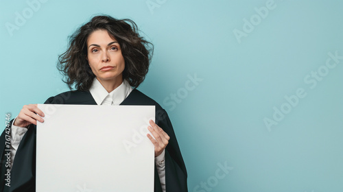 Mulher juiz segurando um cartaz em branco isolada no fundo azul claro photo