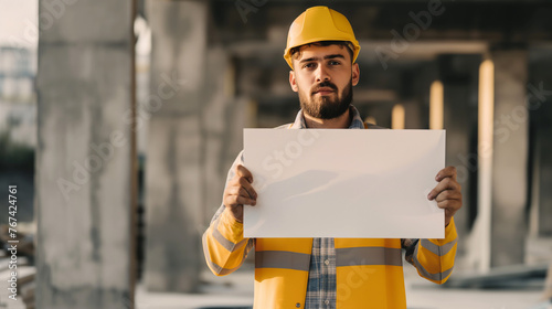 Construtor segurando um cartaz em branco em uma obra 