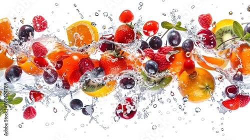 Panorama of fresh fruits. Splash with water drops. 3d high resolution collage  glass panel  for skinali. Isolated white background.