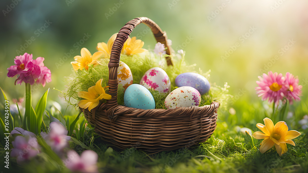 Basket with Colorful Easter Eggs and Flower Decor, Illuminated by Contoured Light, Against Blurry Nature Background in Spring Green - Seasonal Celebration with Radiant Lighting