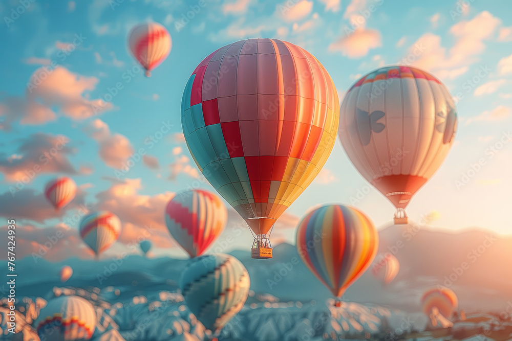 Fototapeta premium A cluster of vibrant hot air balloons gracefully ascending against the backdrop of a clear blue sky. Concept of a colorful and uplifting spring adventure. Generative Ai.